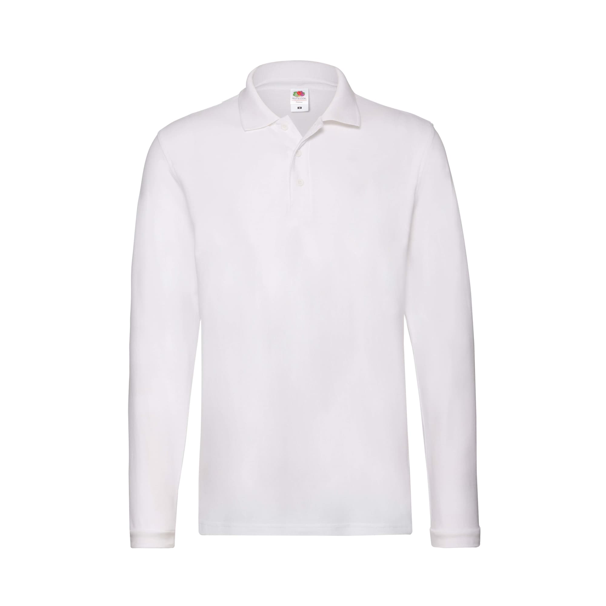 A white long sleeve adult polo shirt with a collar and a logo on the chest. Premium Long Sleeve Adult Polo Shirt - Image 1