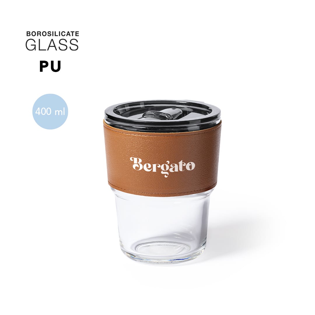 A drink cup featuring a clear borosilicate glass body with a brown leather sleeve and a black lid. Teils Cup - Image 1