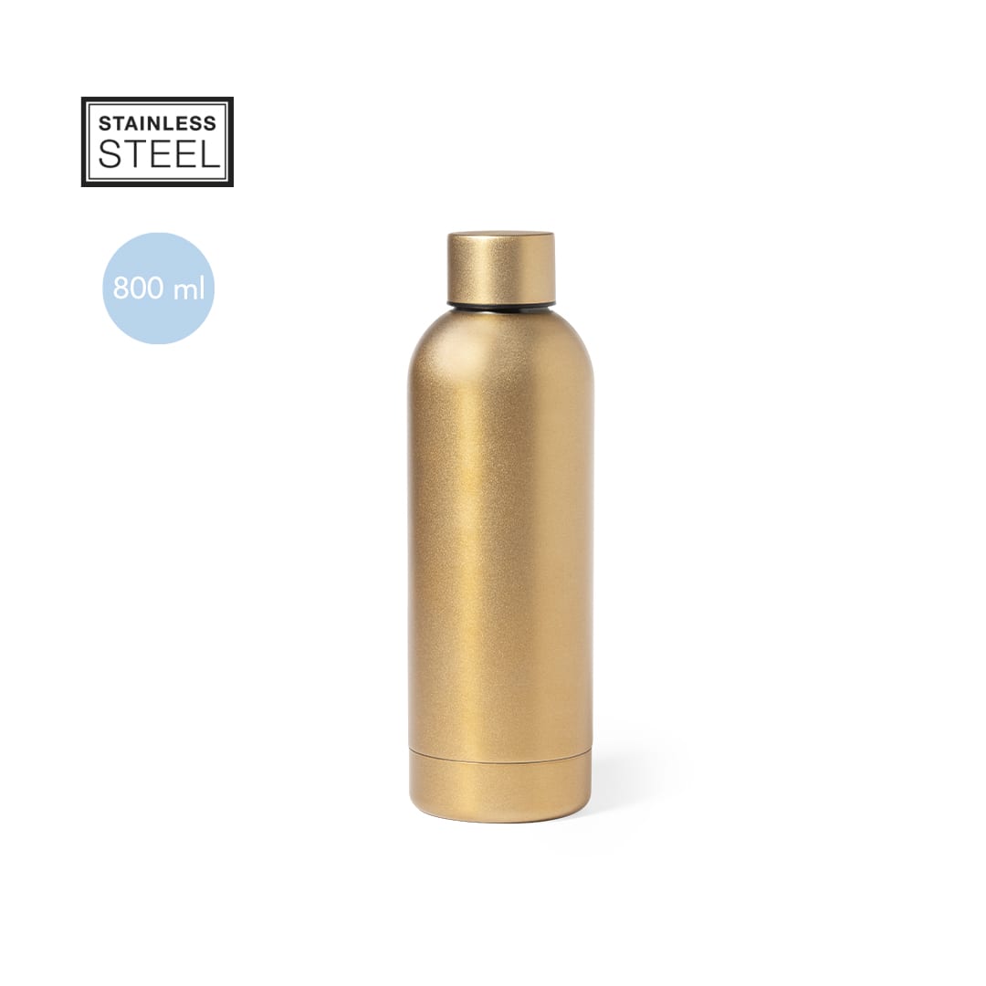 A drink bottle made of stainless steel with a gold finish holding 800 ml. It features a simple design and has a logo. Pigot Bottle - Image 1