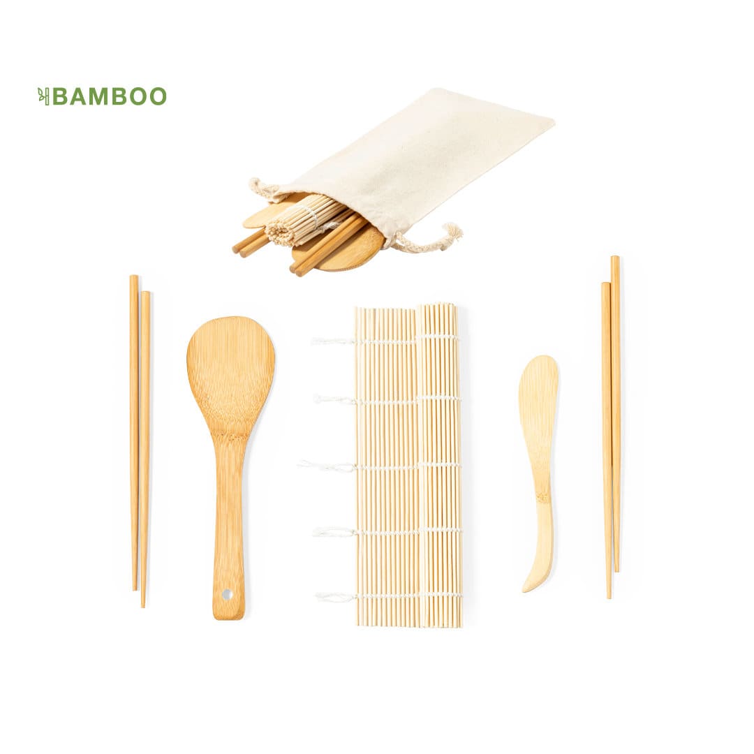 A bamboo sushi set featuring chopsticks, a bamboo mat, and wooden utensils within a cotton pouch. Kazary Sushi Set - Image 1