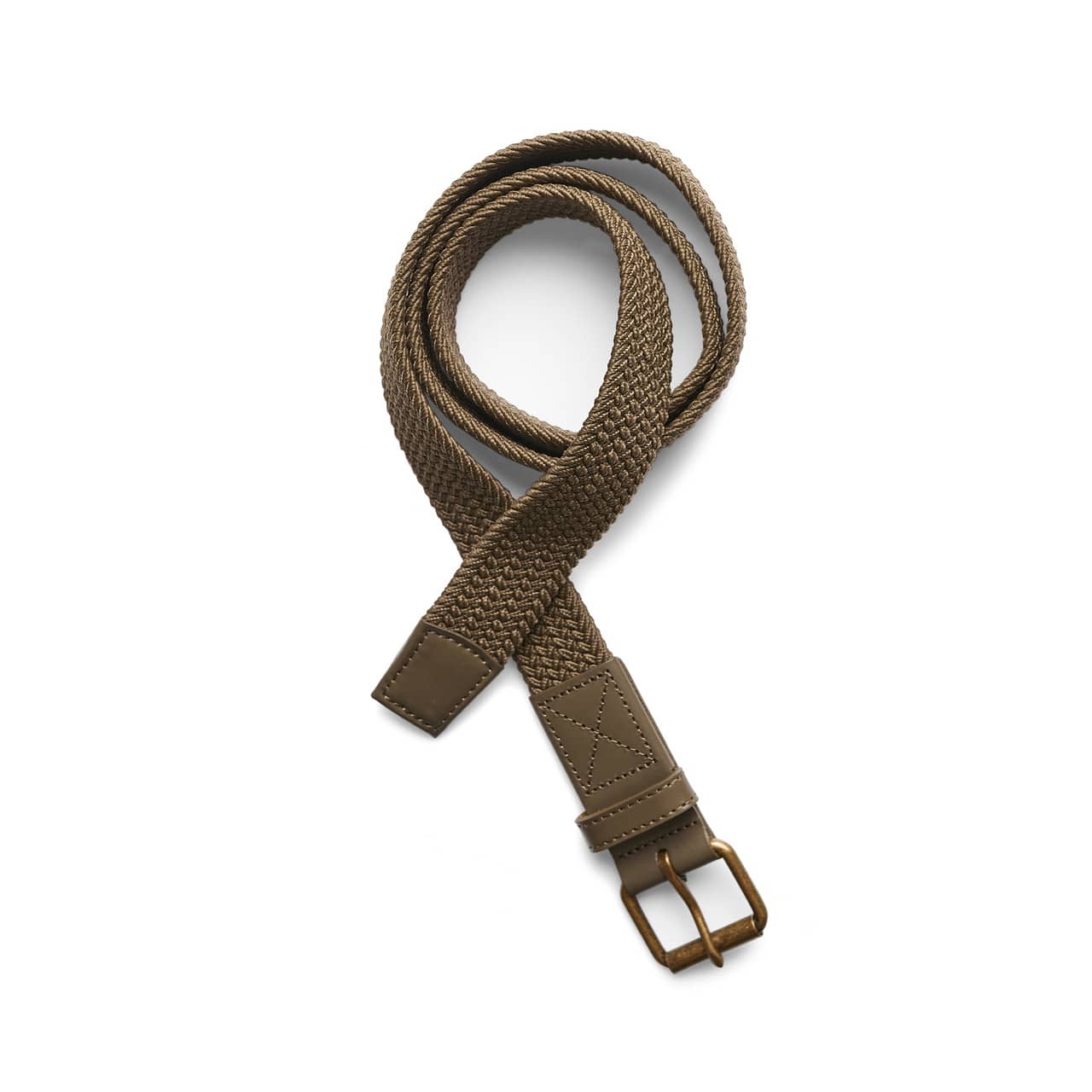 A woven mesh belt in khaki with a metal buckle, featuring a leather accent and a textured design. Mesh Belt - Image 1