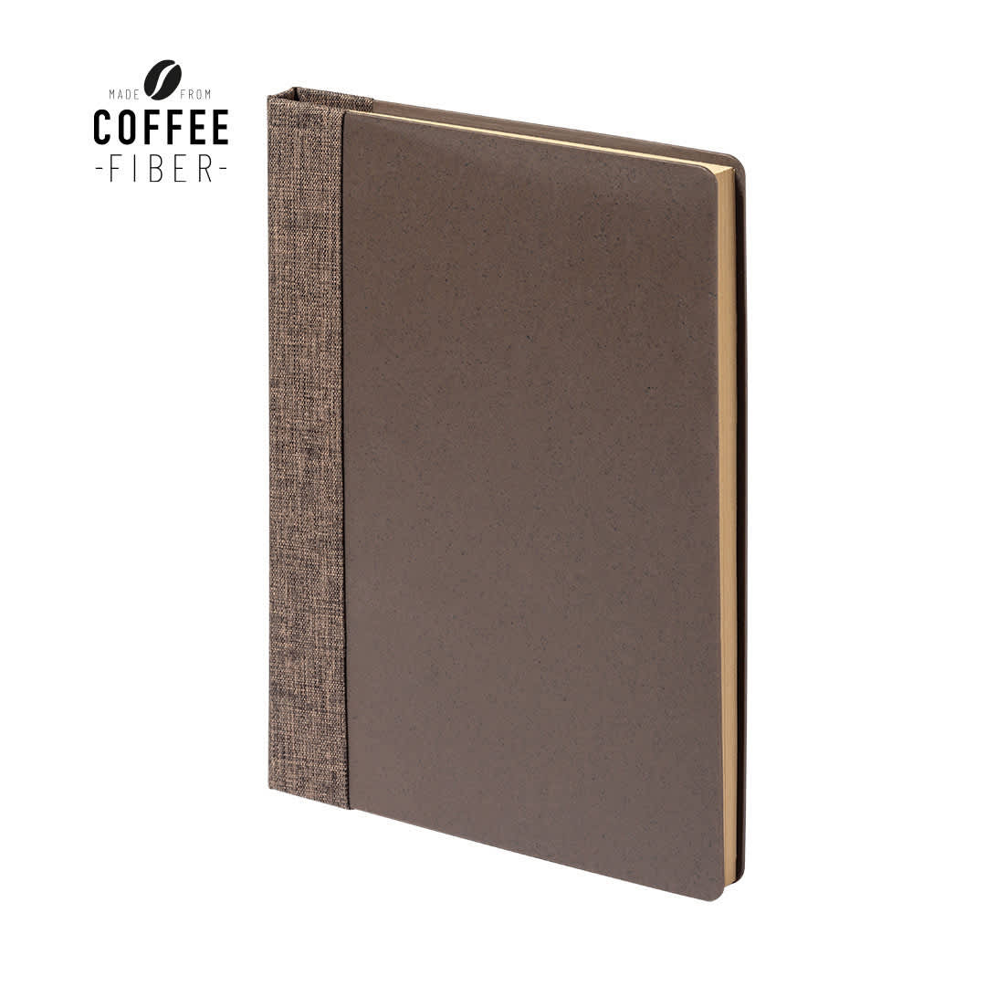 A notebook with a brown cover and textured fabric spine, featuring a logo indicating it’s made from coffee fibre. Lando - Image 1