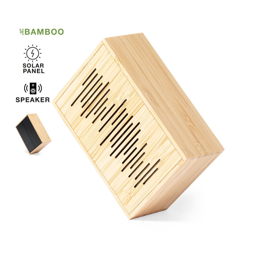A bamboo speaker with a solar panel, featuring vents for sound and a natural wood finish. Laurens Fsc - Image 1