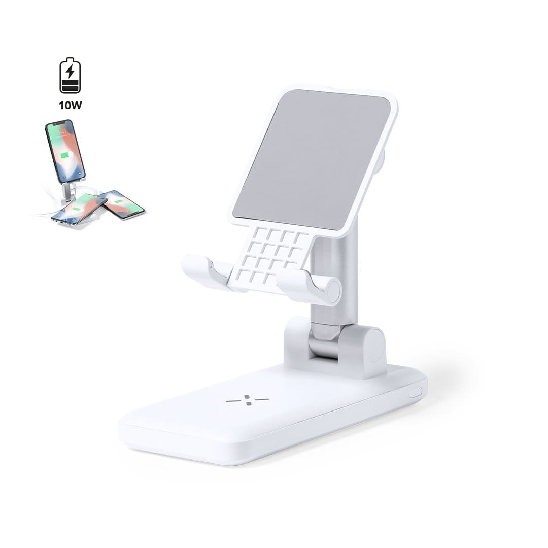 A phone stand in white with a grey adjustable holder and a base for wireless charging. Cheviot - Image 1