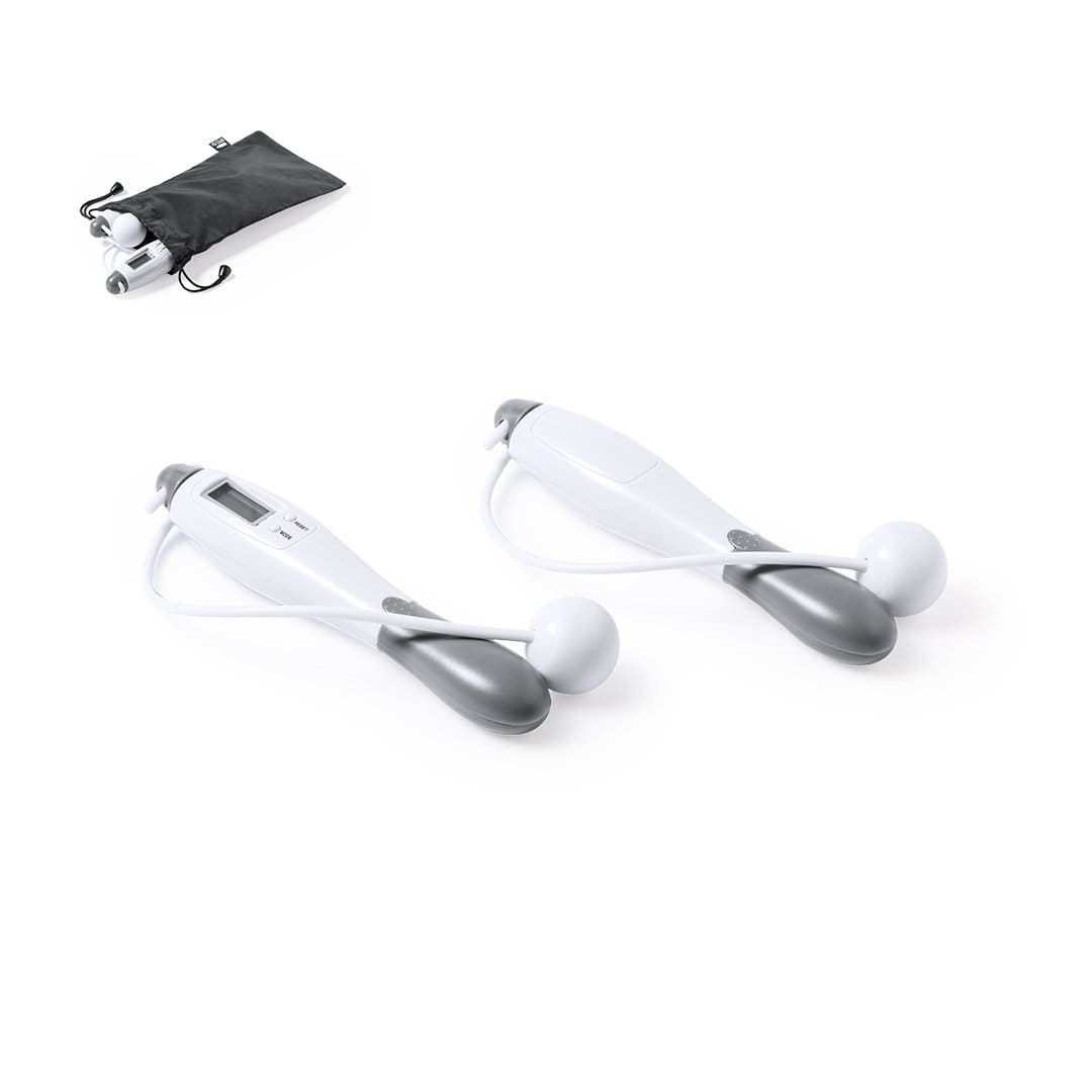 A digital skipping rope in white and grey, with a carry pouch, featuring a display for tracking performance. Grimluck Digital Skipping Rope - Image 1