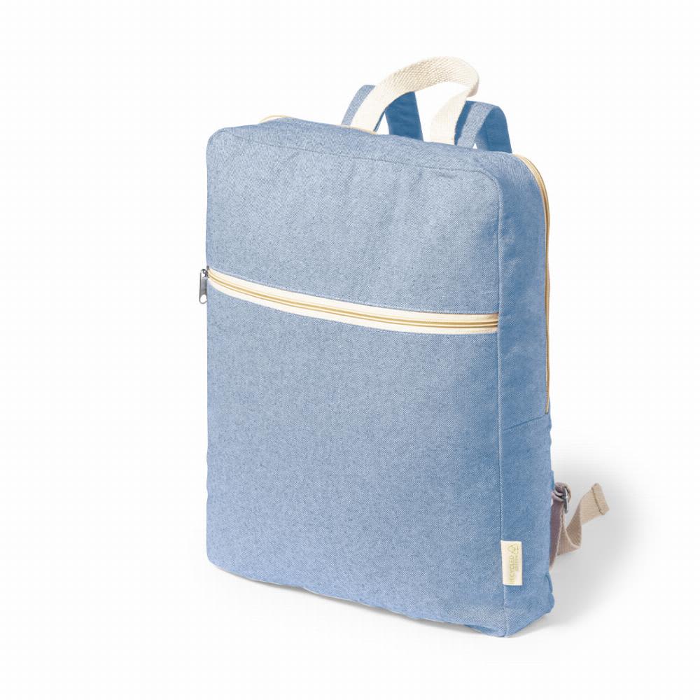 A blue backpack with a front zipper pocket and beige straps, featuring a logo on the side. Nidoran - Image 1