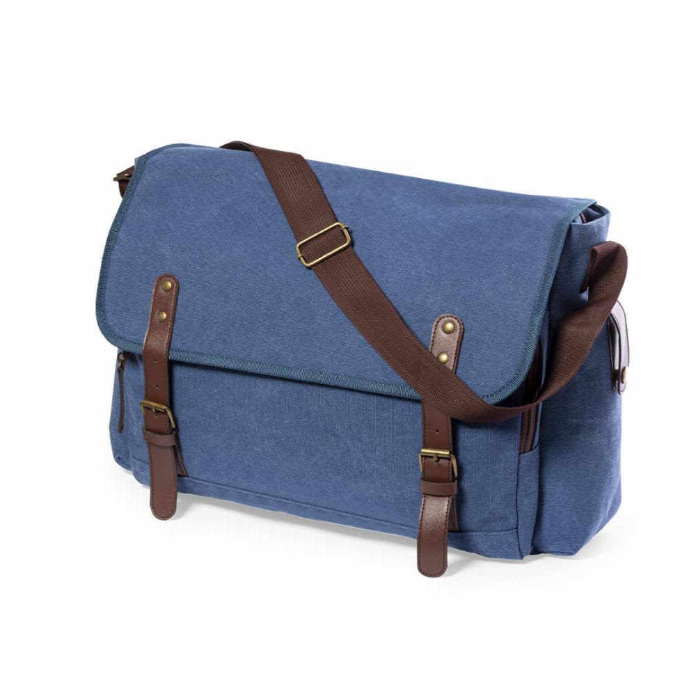 A blue messenger bag with a brown strap and leather accents, featuring a flap closure and front buckles. Gibson - Image 1