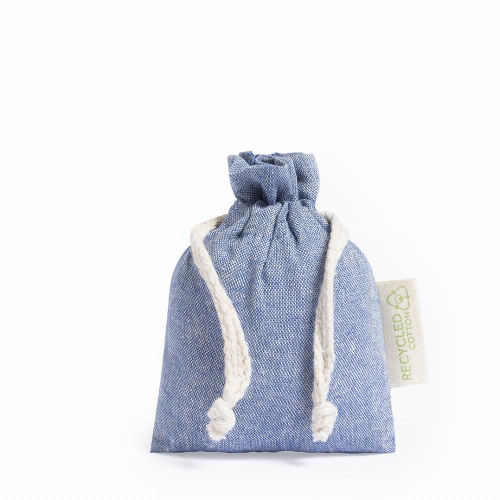 A small blue drawstring bag made from recycled cotton, featuring a white rope closure and a tag. Dratinix - Image 1
