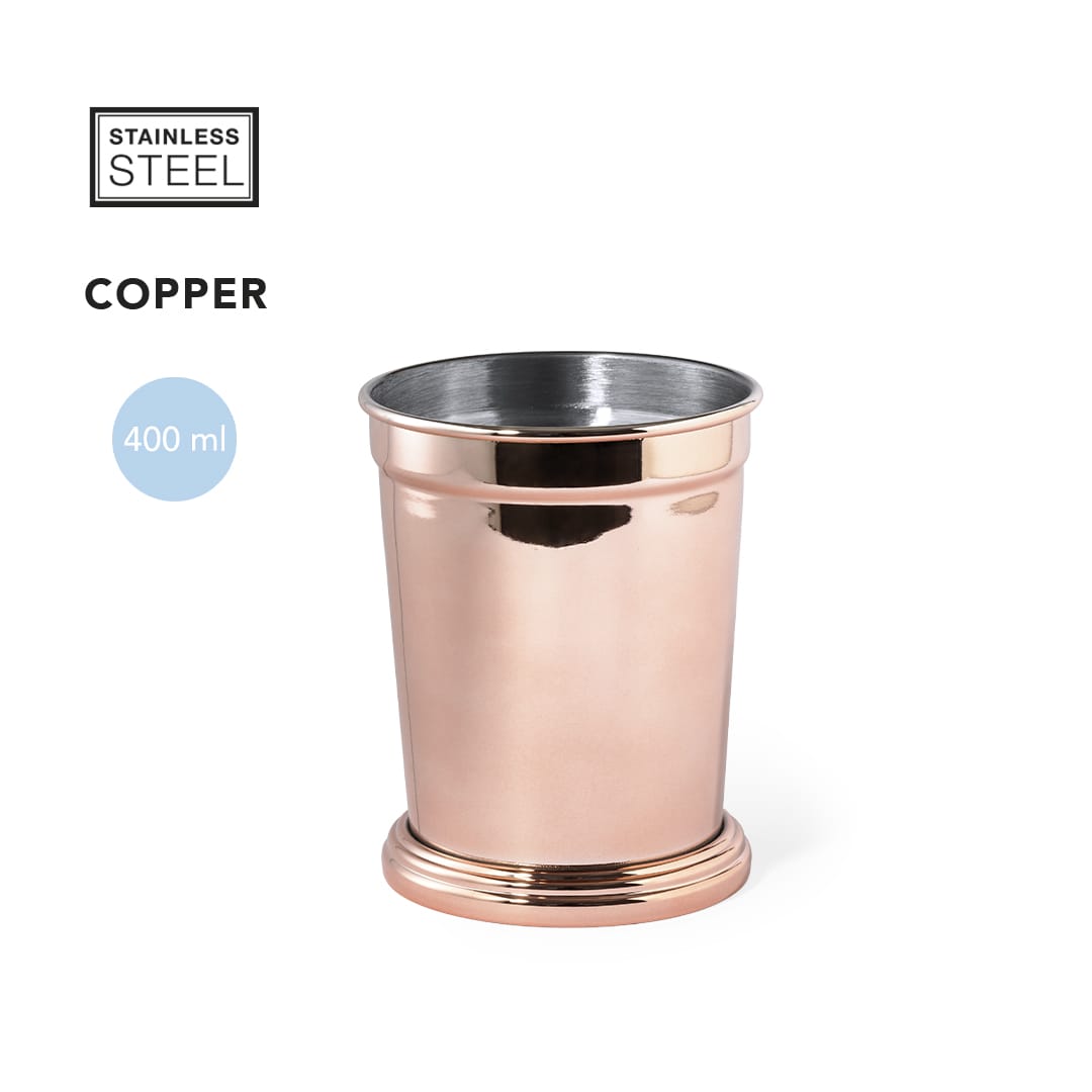 A copper drinkware item with a stainless steel interior, designed for beverages, featuring a sleek, shiny finish. Riberton Cup - Image 1