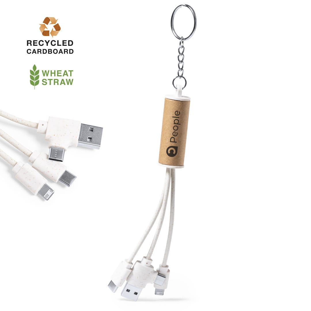 A keychain-style charging cable in white, made from wheat straw, featuring multiple connectors and a logo. Feildin Charging Cable - Image 1