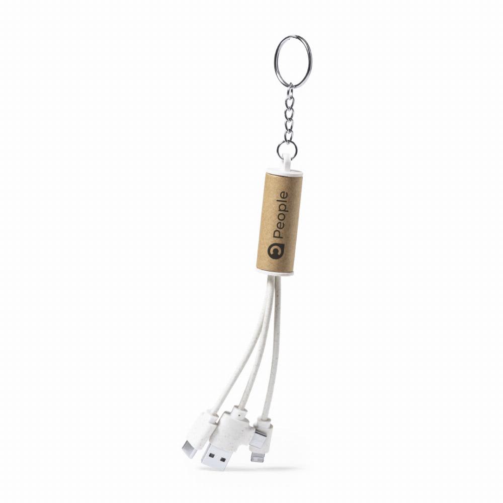 A multi-charge cable keyring with a wooden casing and three charging connectors in white. Features a keychain attachment. Feildin - Image 1