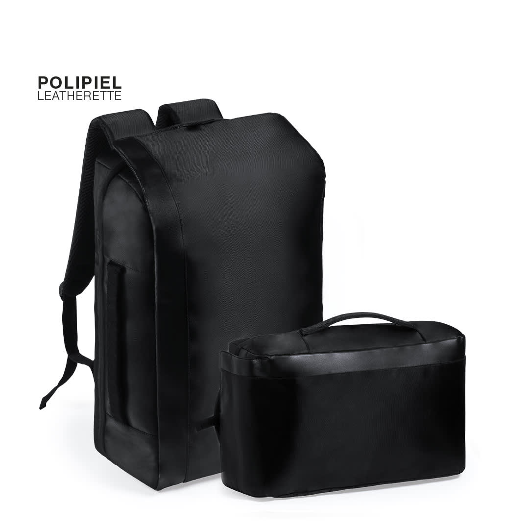 A black document bag backpack with a matching smaller bag, featuring sleek lines and a modern design. Sleiter Document Bag Backpack - Image 1