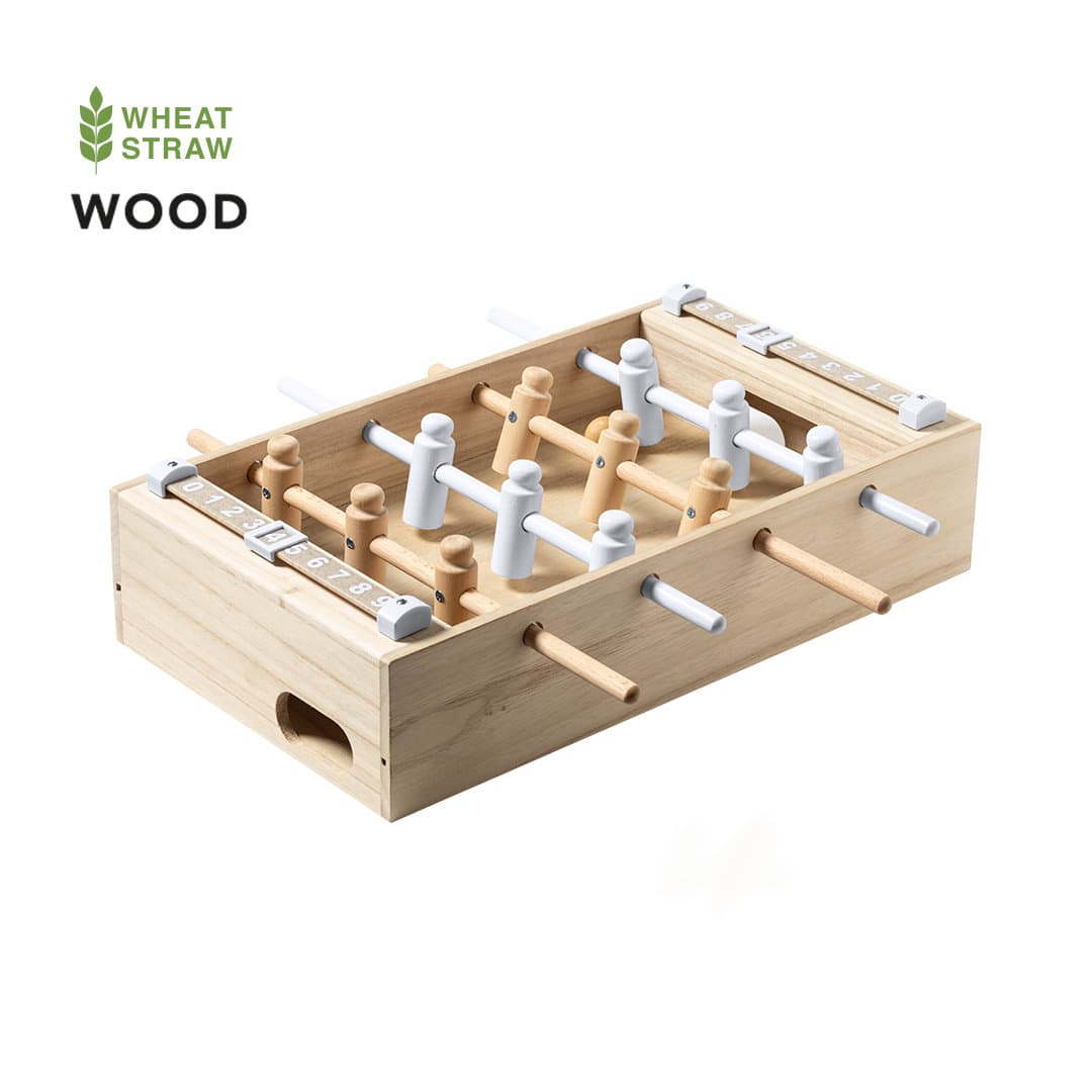 A tabletop mini football game made from light wood with white and natural wooden players and rods. Helmmet Mini Table Football - Image 1