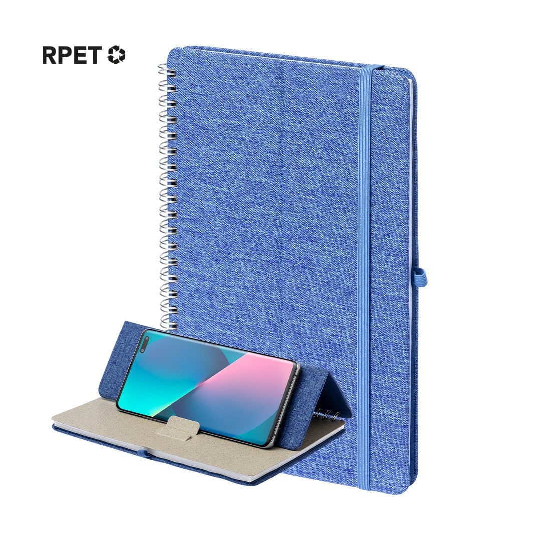 A blue spiral-bound notebook with a phone holder and a logo. The material appears textured and modern. Maisux Holder Notebook - Image 1