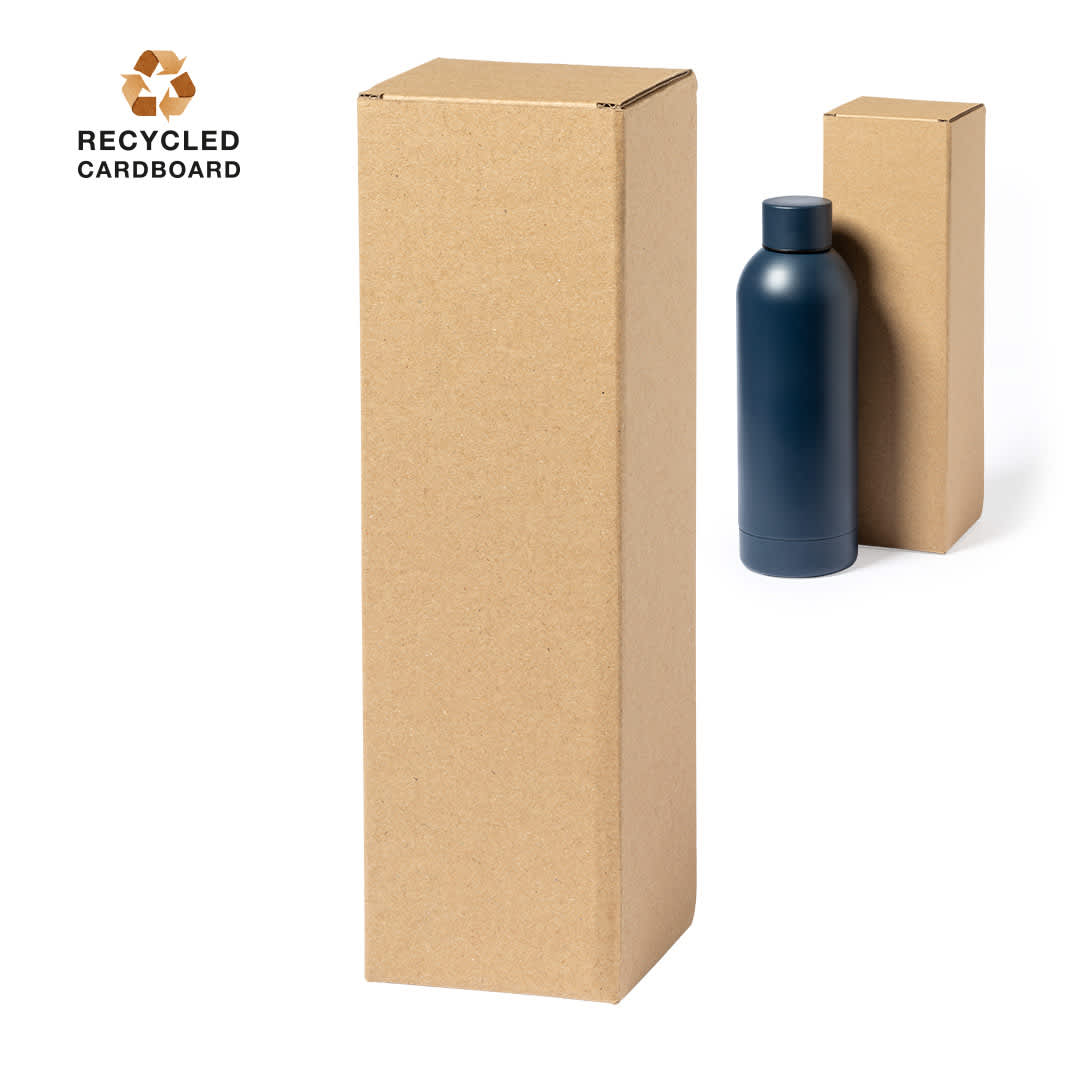 A blue drink bottle next to two brown cardboard boxes, one tall and one smaller, made from recycled materials. Badesy Gift Box - Image 1