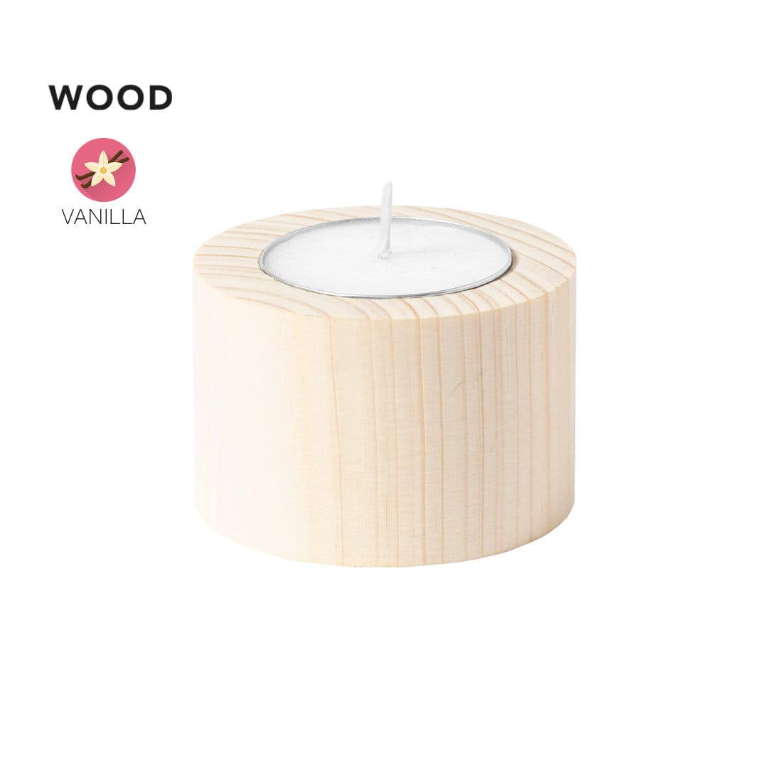 A wooden candle holder with a white tea light candle inside. The holder has a natural finish. Yiren - Image 1