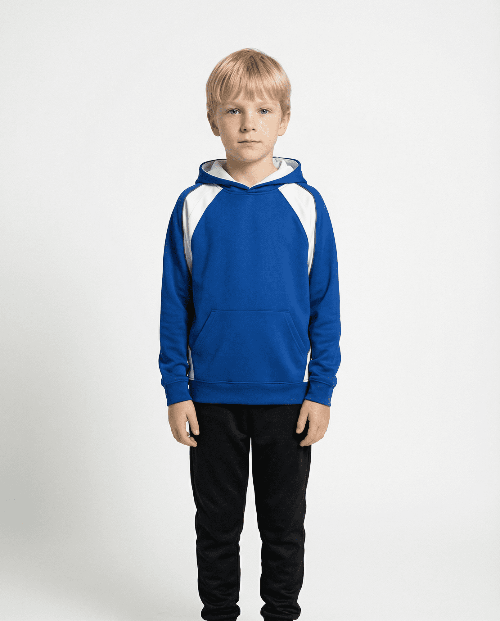 A blue hoodie with white accents, featuring a kangaroo pocket, worn by a child standing against a plain background. HUXLEY KIDS HOODIES - Image 1