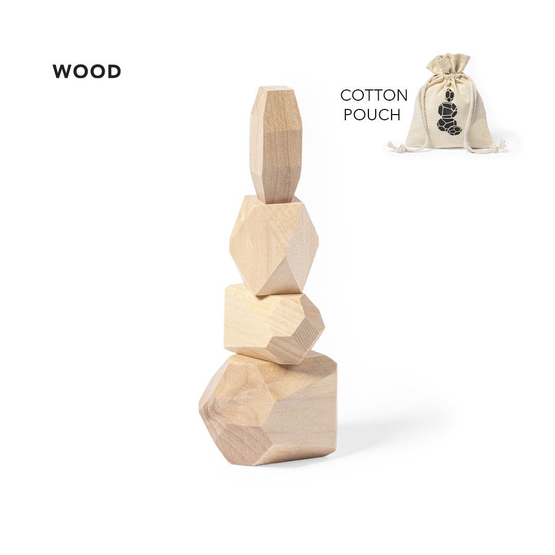 A stack of wooden geometric blocks in various shapes and sizes, accompanied by a cotton pouch. Ketel - Image 1
