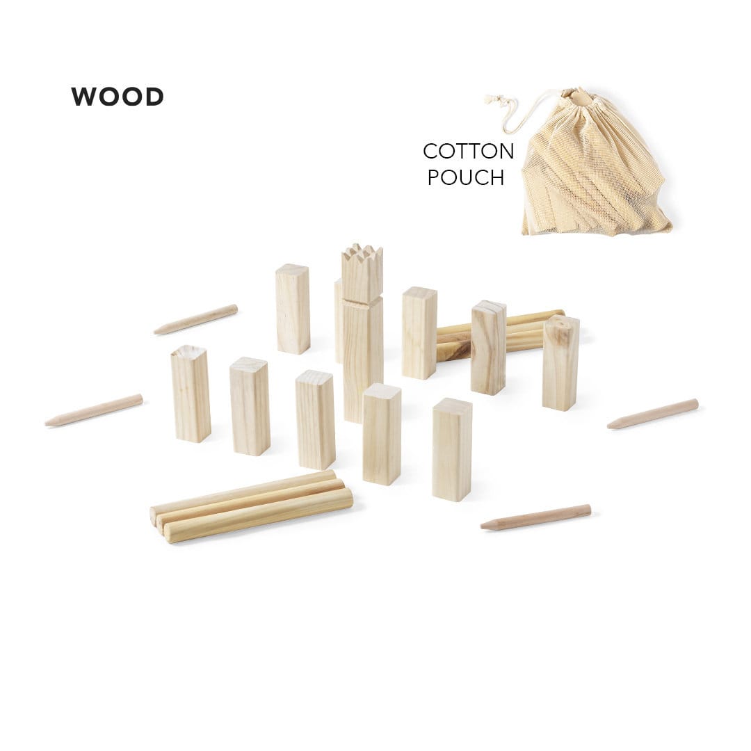 A collection of wooden game pieces in various shapes, along with a cotton pouch for storage. Kazama Game - Image 1