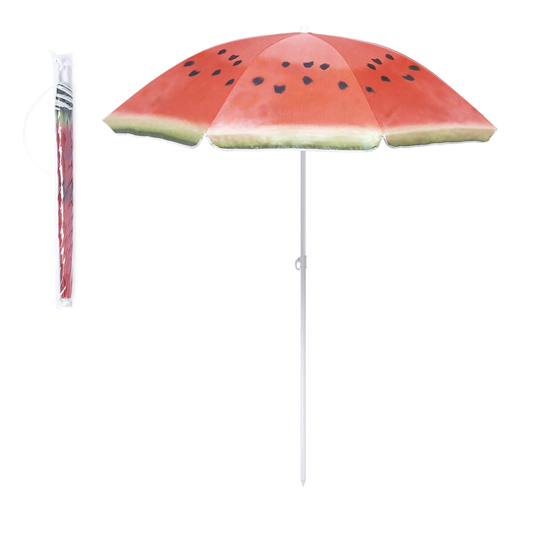 A beach umbrella featuring a watermelon design with shades of red and green, accompanied by a matching carry case. Chaptan Beach Umbrella - Image 1