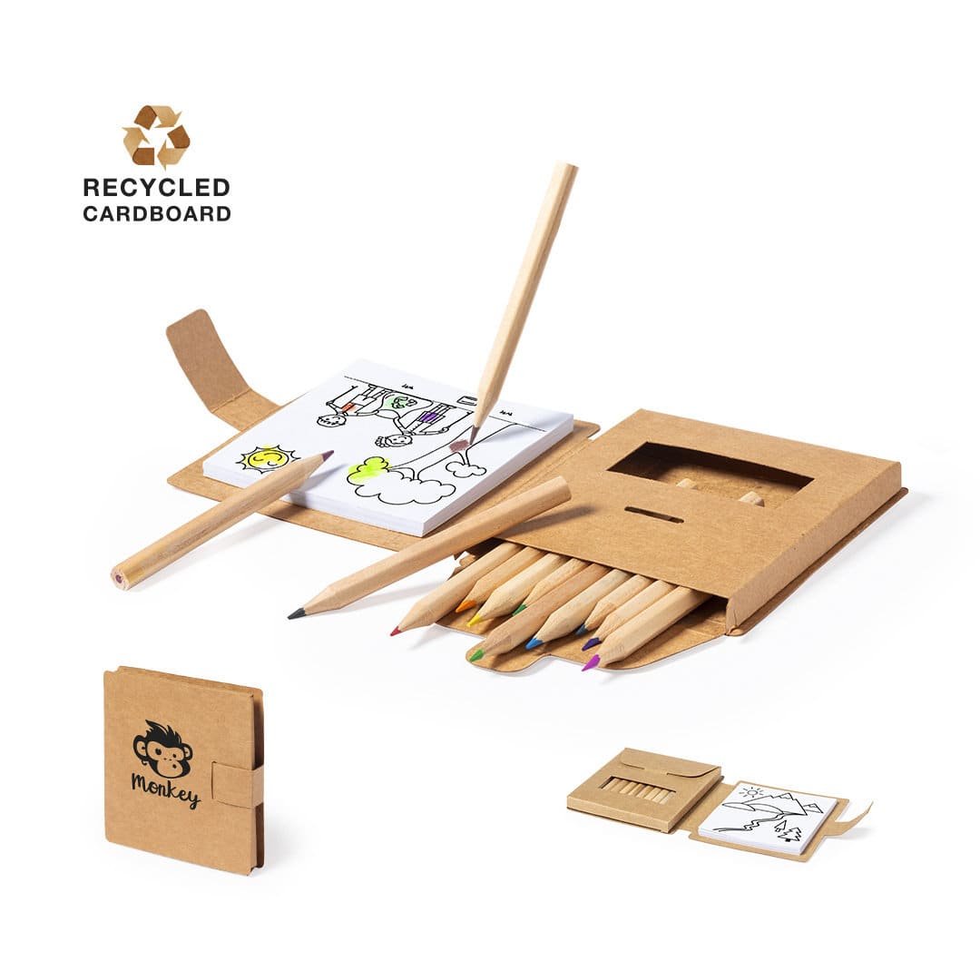 A set of coloured pencils in a cardboard case, featuring a sketch pad and a pencil. The pencils include various colours. Lauglin Set - Image 1