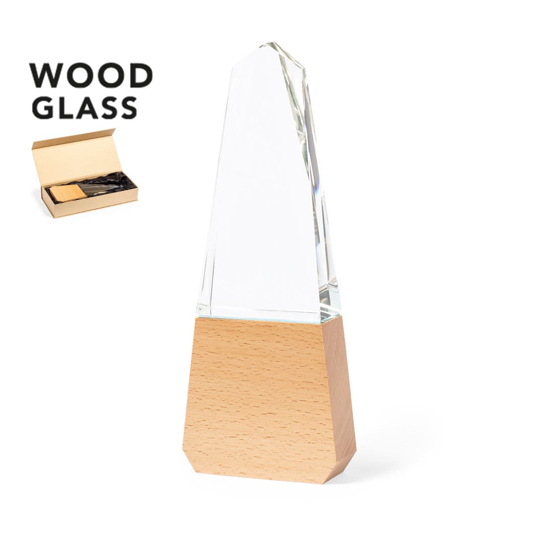 A glass trophy with a wooden base, featuring a sleek, obelisk design and packed in a box. Bersix Plaque - Image 1