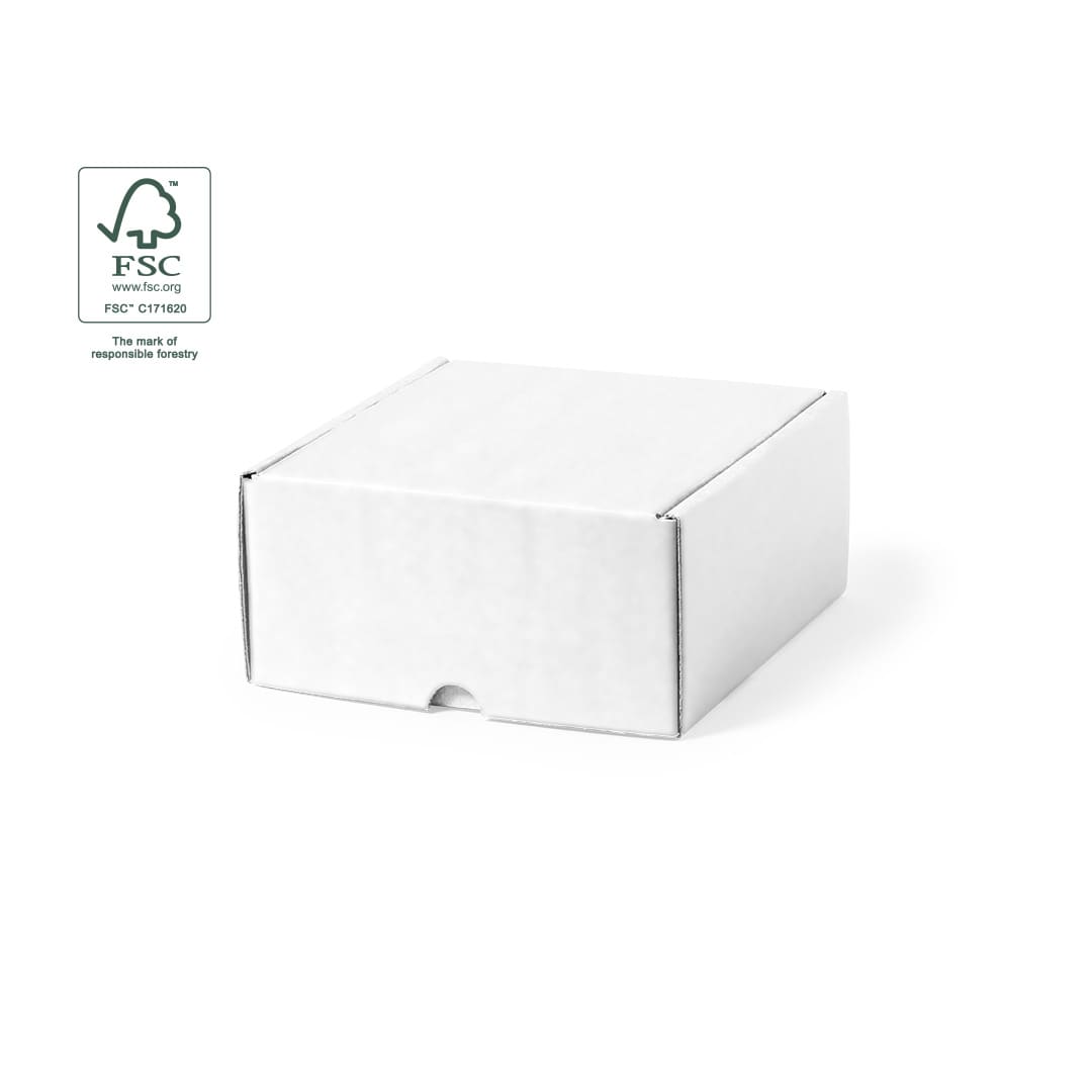 A white gift box with a simple design, featuring an FSC logo for responsible forestry. Suitable for various uses. Fissur Gift Box - Image 1