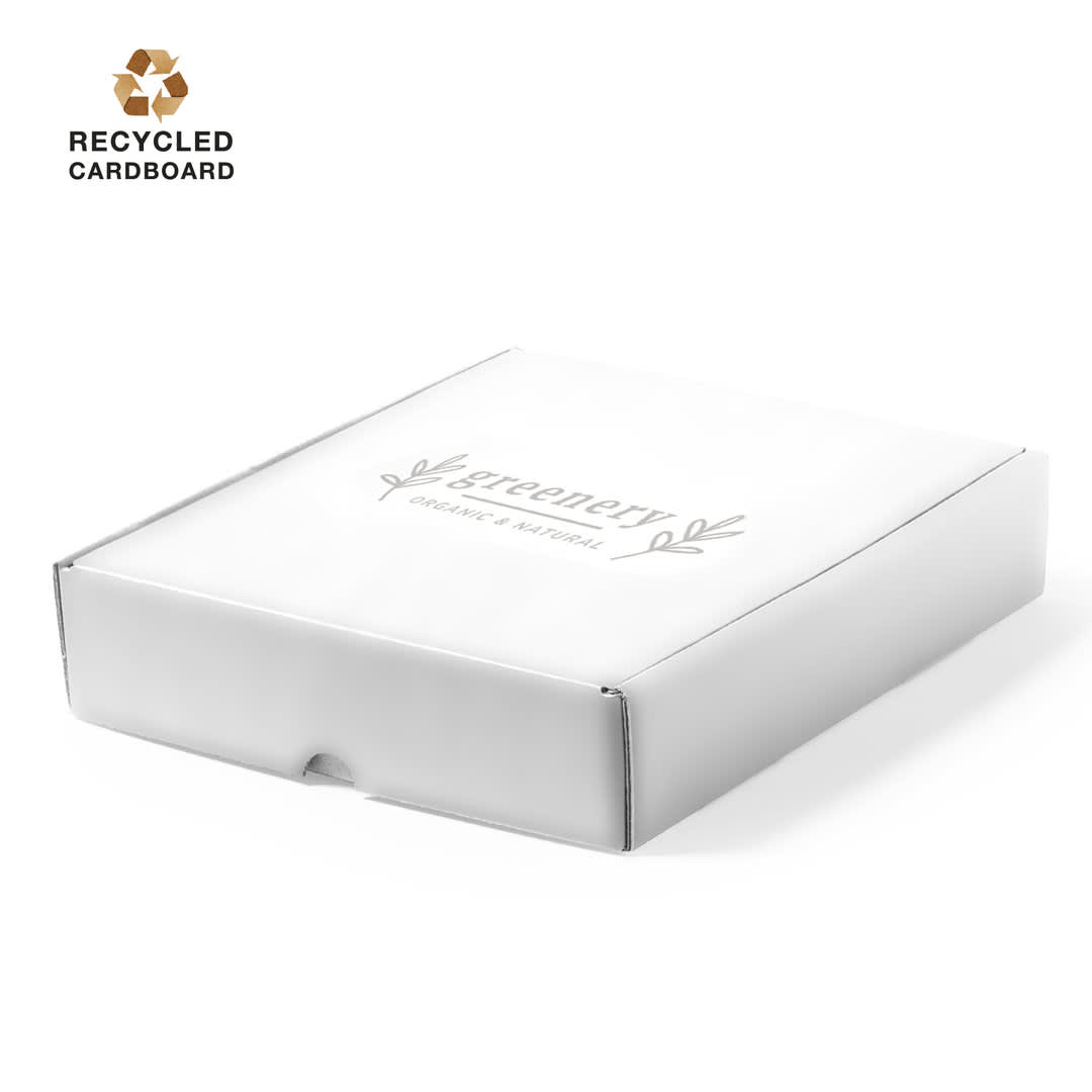 A white gift box made from recycled cardboard featuring a branding logo and botanical design elements. Wingard Gift Box - Image 1