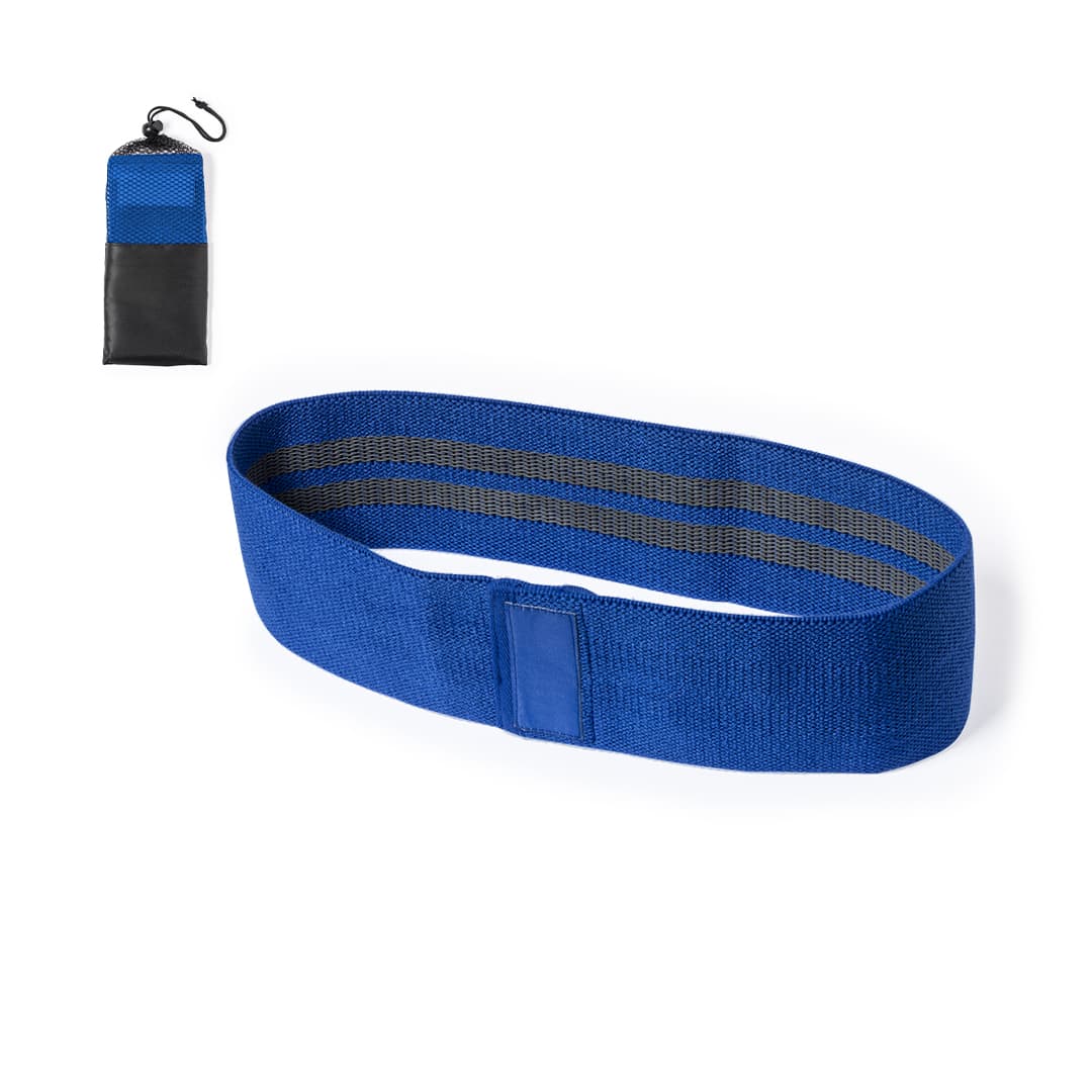 A blue exercise band with grey stripes, featuring a storage pouch and a carabiner. It has a logo on the pouch. Vainen Exercise Band - Image 1