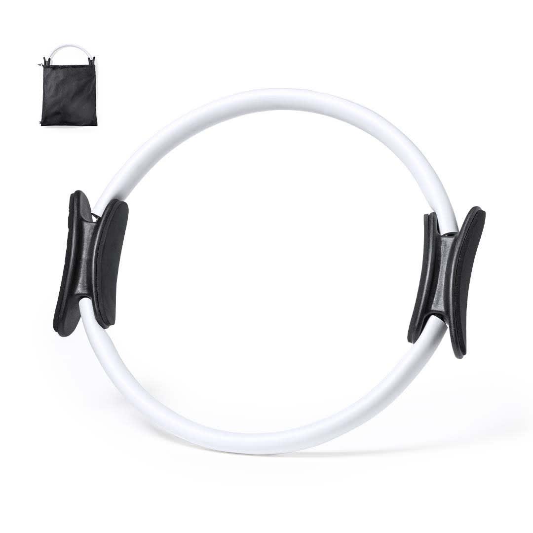 A white exercise ring with black grips, accompanied by a black storage bag. Turkol Exercise Ring - Image 1