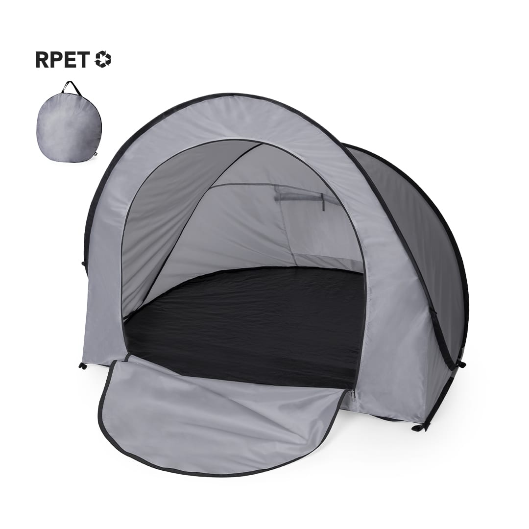 A grey tent with a black interior, featuring an opening and a carry bag for transport. It has a logo on the side. Rebrax Tent - Image 1