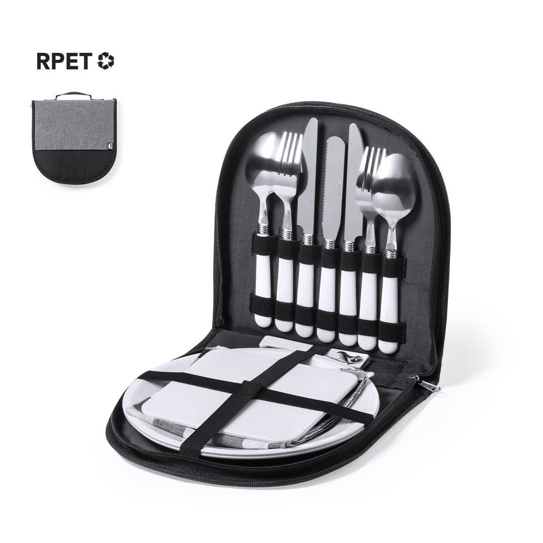 A picnic set featuring stainless steel utensils, plates, and a zippered carrying case in black and white. Tilken Picnic Set - Image 1