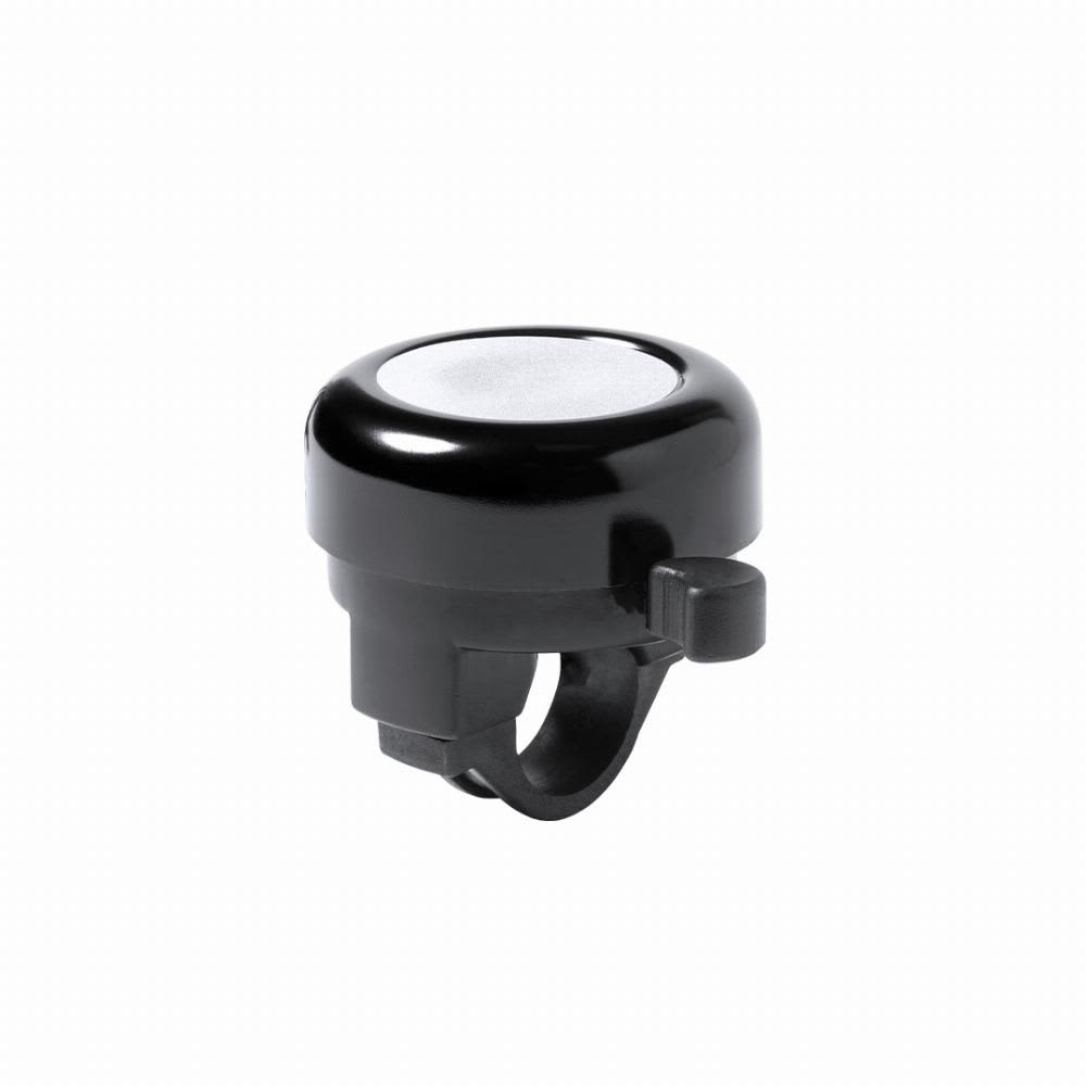 A black bicycle bell featuring a shiny top and a side lever for ringing. It has a mounting bracket for attachment. Tolfen - Image 1