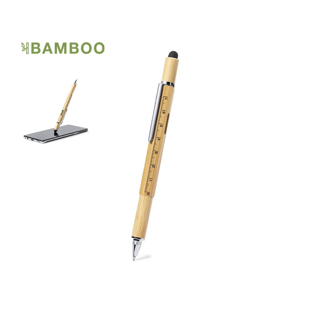 A multifunction pen in natural bamboo, featuring a stylus tip and measuring ruler, with a clip and branding. Rakars Multifunction Pen - Image 1
