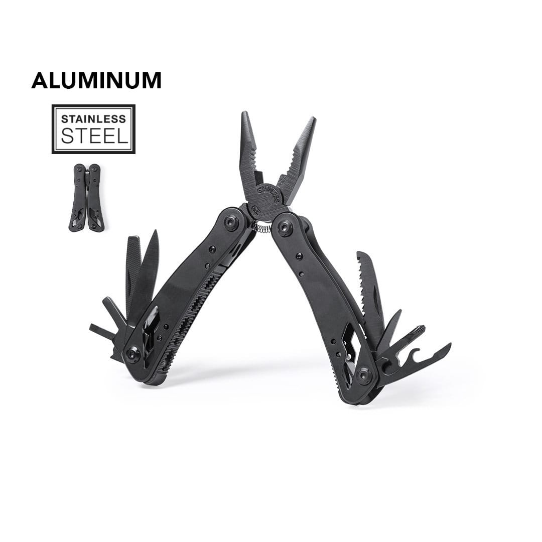 A multi-tool featuring black stainless steel pliers with various additional tools and an aluminium handle. Dailfot - Image 1