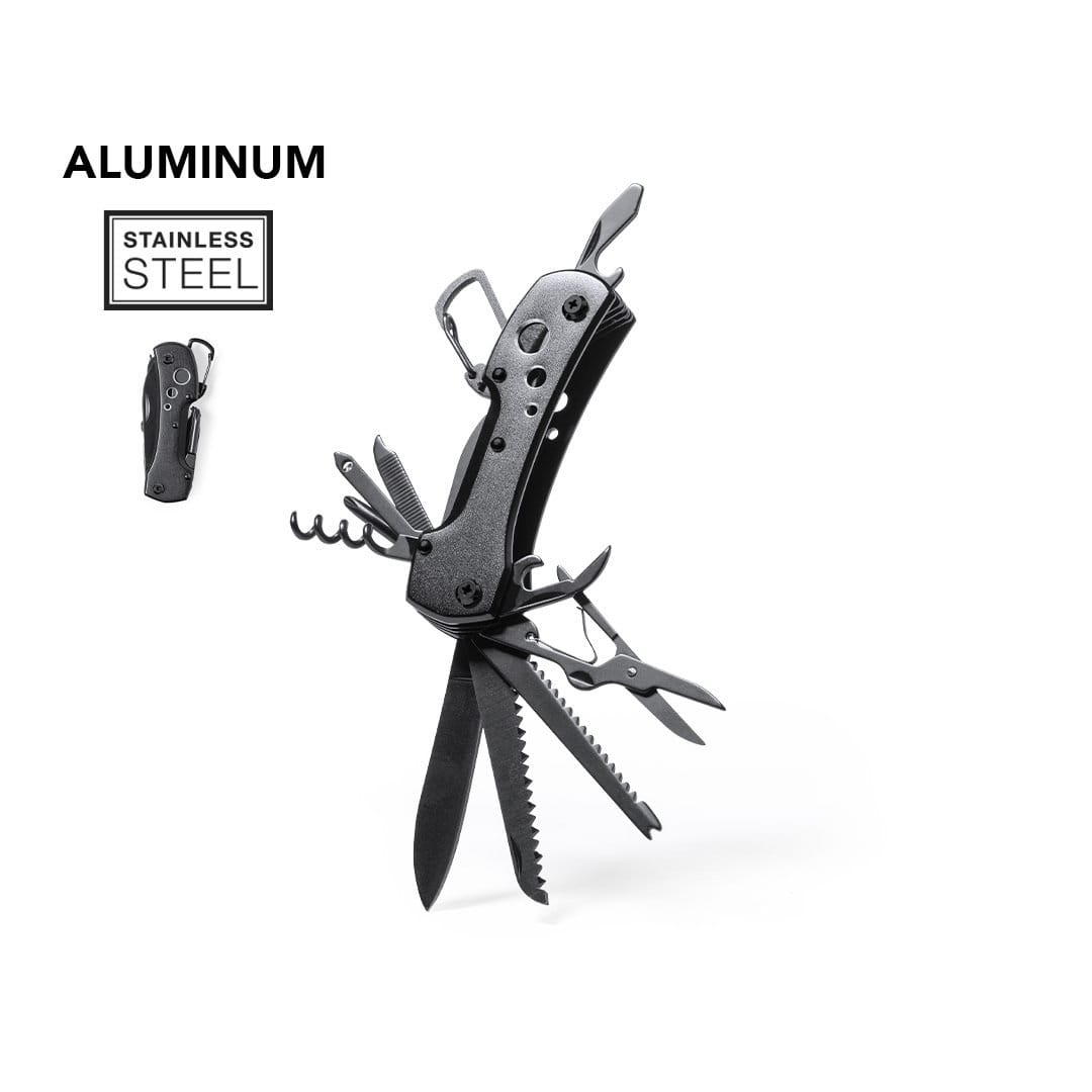 A multi-tool with various stainless steel implements, featuring a black aluminium handle and an ergonomic design. Komit - Image 1