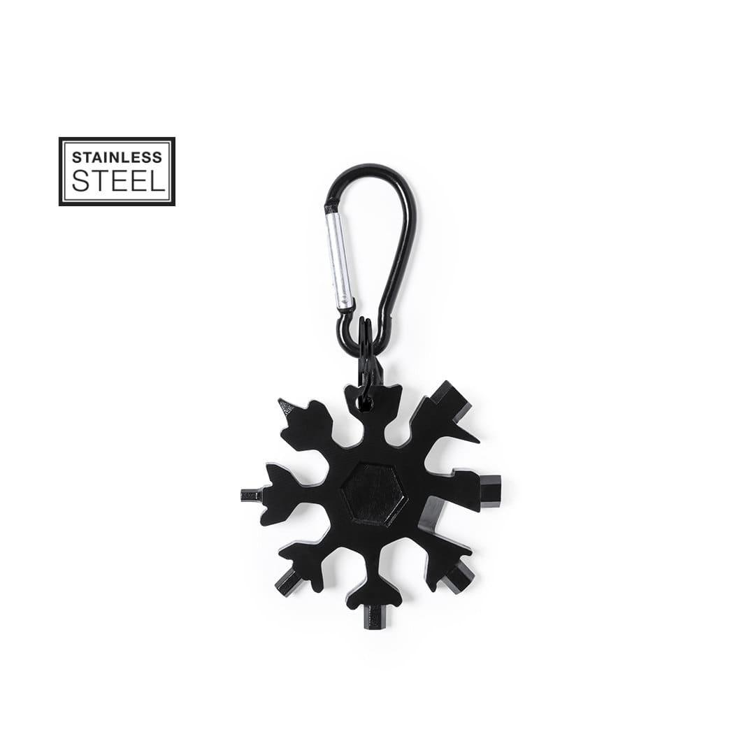 A stainless steel multi-tool shaped like a snowflake, featuring various tool heads and a black finish. It has a carabiner attached. Torkul - Image 1