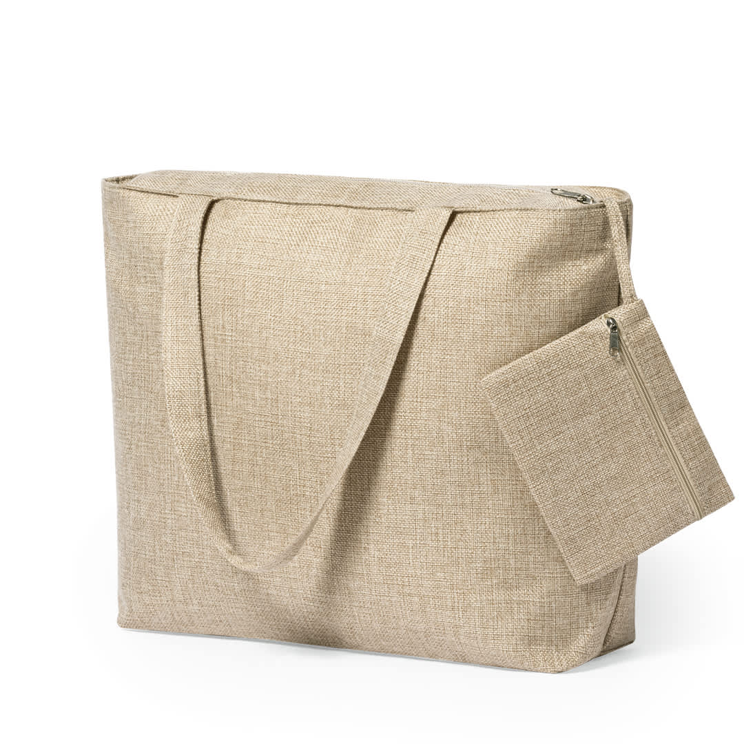 A beige fabric bag with a zip closure and a smaller matching pouch attached. It has a branding logo. Drexis Bag - Image 1