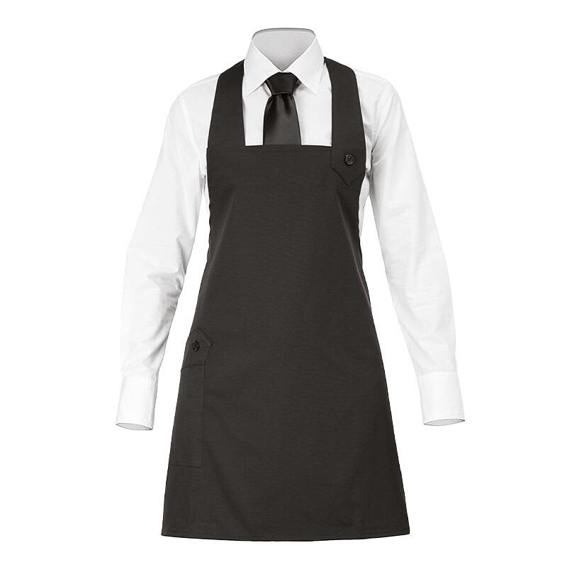 A dark grey apron worn over a white long-sleeve shirt and black tie, featuring a side pocket and a button detail. Elettra Apron - Image 1
