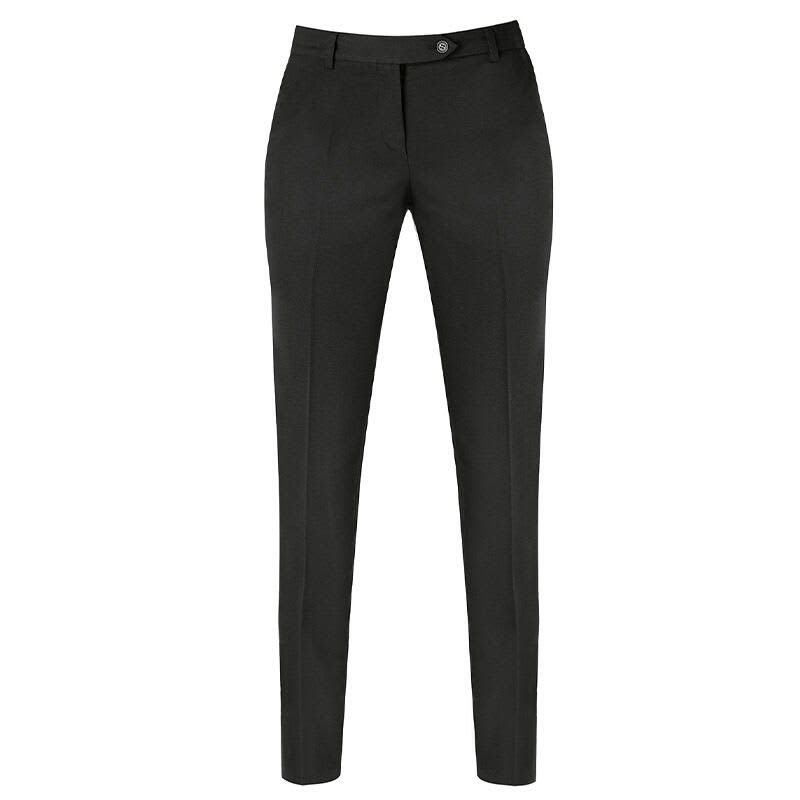 A pair of tailored black pants with a slim fit and a button closure. The design features front crease lines. Noemi Pants - Image 1
