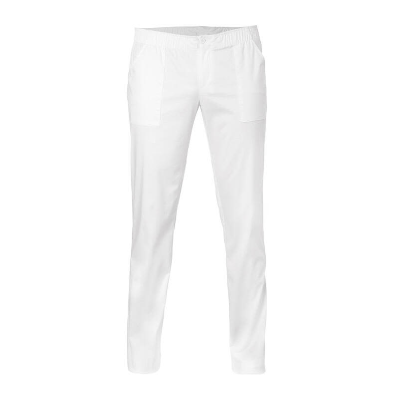 White pants with an elastic waistband and two front pockets, featuring a simple design and a logo. Enoch Pants - Image 1