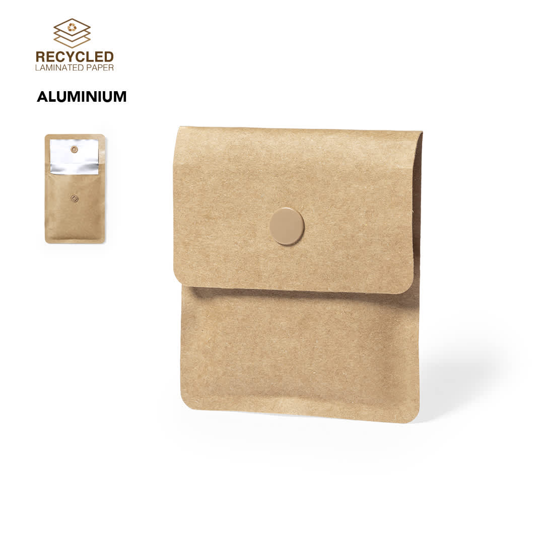A pocket ashtray made from recycled laminated paper, featuring a brown exterior and a metallic interior. Includes a snap button closure. Flament Pocket Ashtray - Image 1