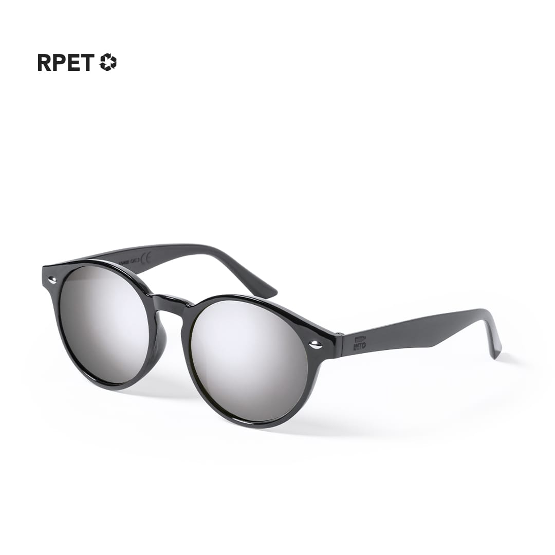 Black round sunglasses with mirrored lenses, featuring a logo on the frame. Poren Sunglasses - Image 1