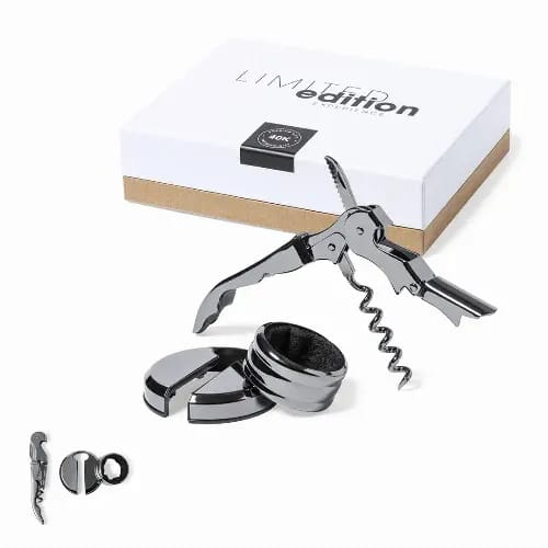 A wine opener set featuring a chrome corkscrew and a bottle stopper, presented in a box with a logo. Zerquen - Image 1