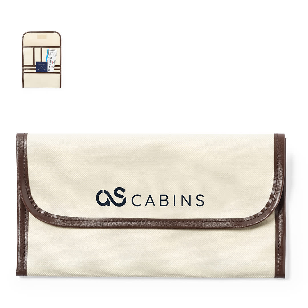 A cream travel document holder with brown accents, featuring multiple pockets and a logo. Farrel Travel Document Holder - Image 1