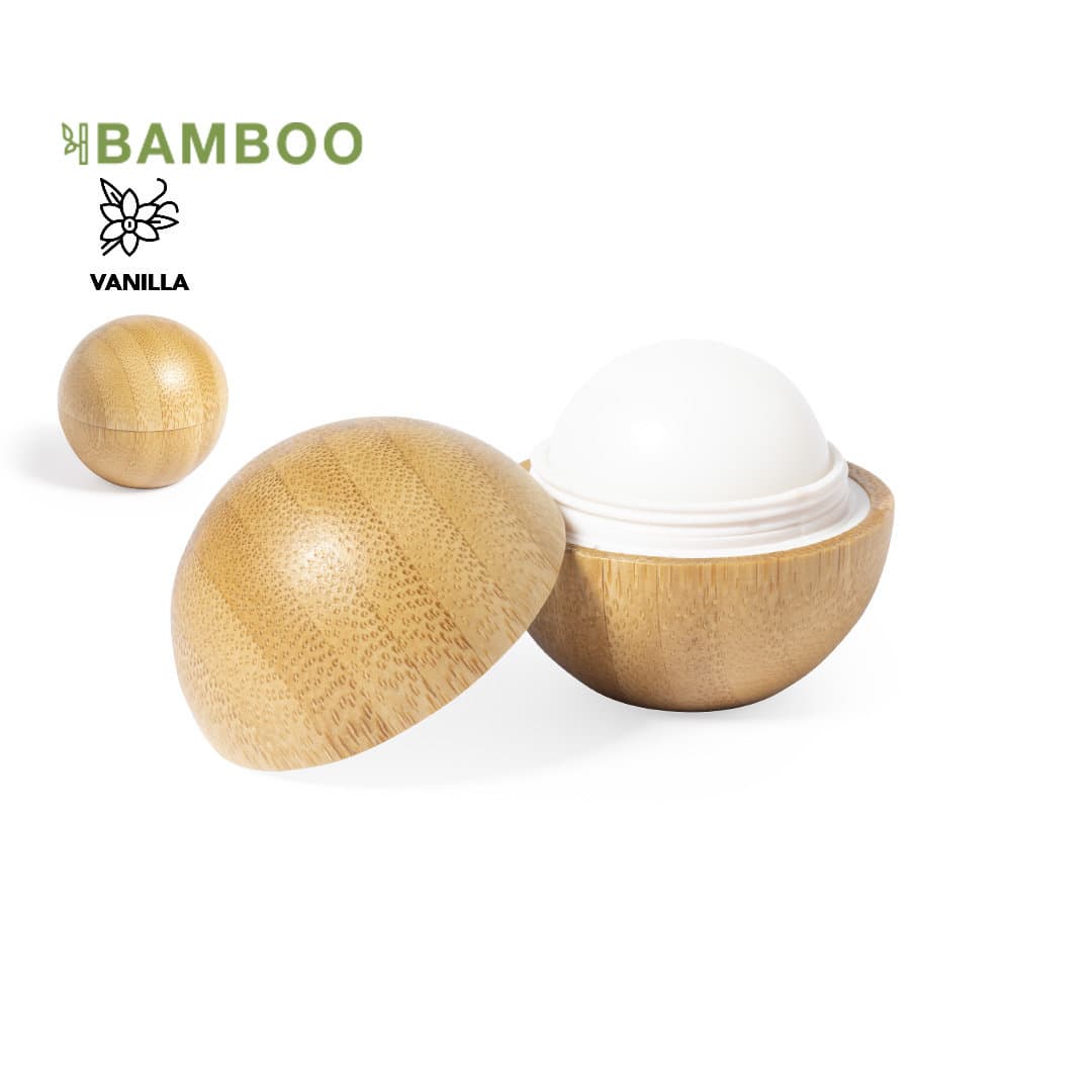 A bamboo container with an open lid revealing a vanilla-scented solid product inside. Features a logo on the top. Bowok - Image 1
