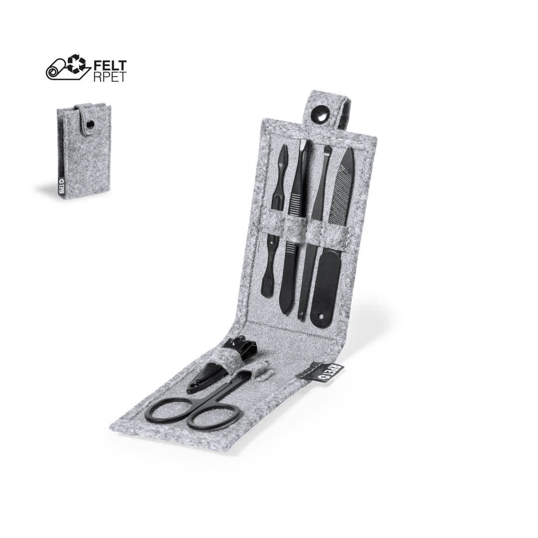 A grey manicure set featuring scissors, nail files, and tools, packaged in a felt holder with a button closure. Lacky Manicure Set - Image 1