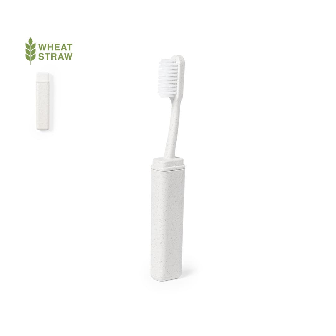 A white toothbrush with a textured handle, stored in a matching case made from wheat straw. Duncan Toothbrush - Image 1