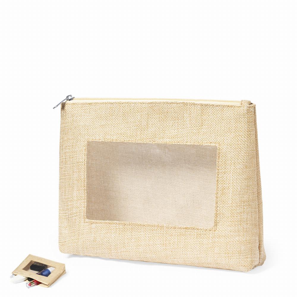 A natural jute pouch with a transparent window and a small accessory box beside it. Flumit - Image 1