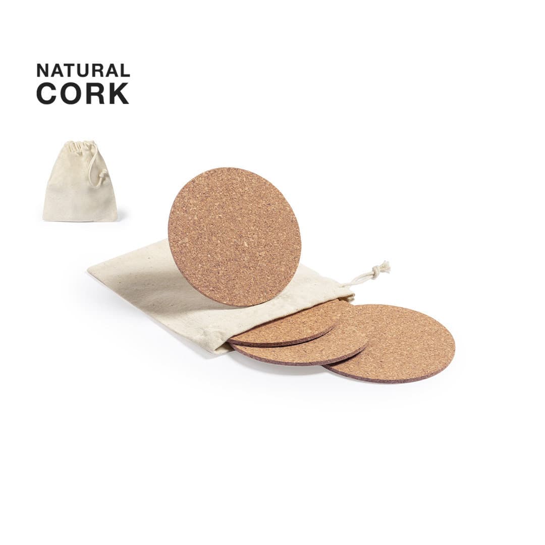 A set of natural cork coasters in a drawstring bag, featuring a smooth, round design. Yagger - Image 1
